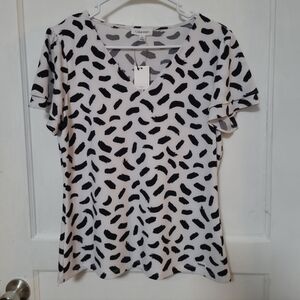 Calvin Klein White V-Neck Short Sleeve Top with Black Brushstroke Print